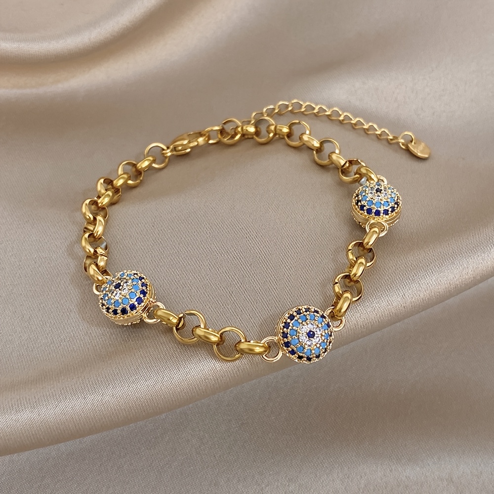 Image of 1pc Vintage Chunky For Women Synthetic Zirconia Blue Eye Beads Golden Stainless Steel Chain Bracelet Party And Beach Birthday Gift Music Festival Gift