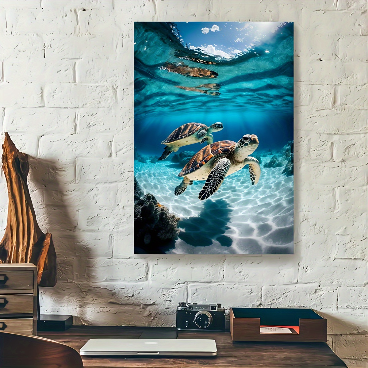 

1pc Sea Turtle Canvas Wall Art With Wooden Frame - Versatile Underwater Marine Life Painting For Home & Office Decor - Ideal Bachelor Party Gift, Premium Print, 11.8" X 15.7