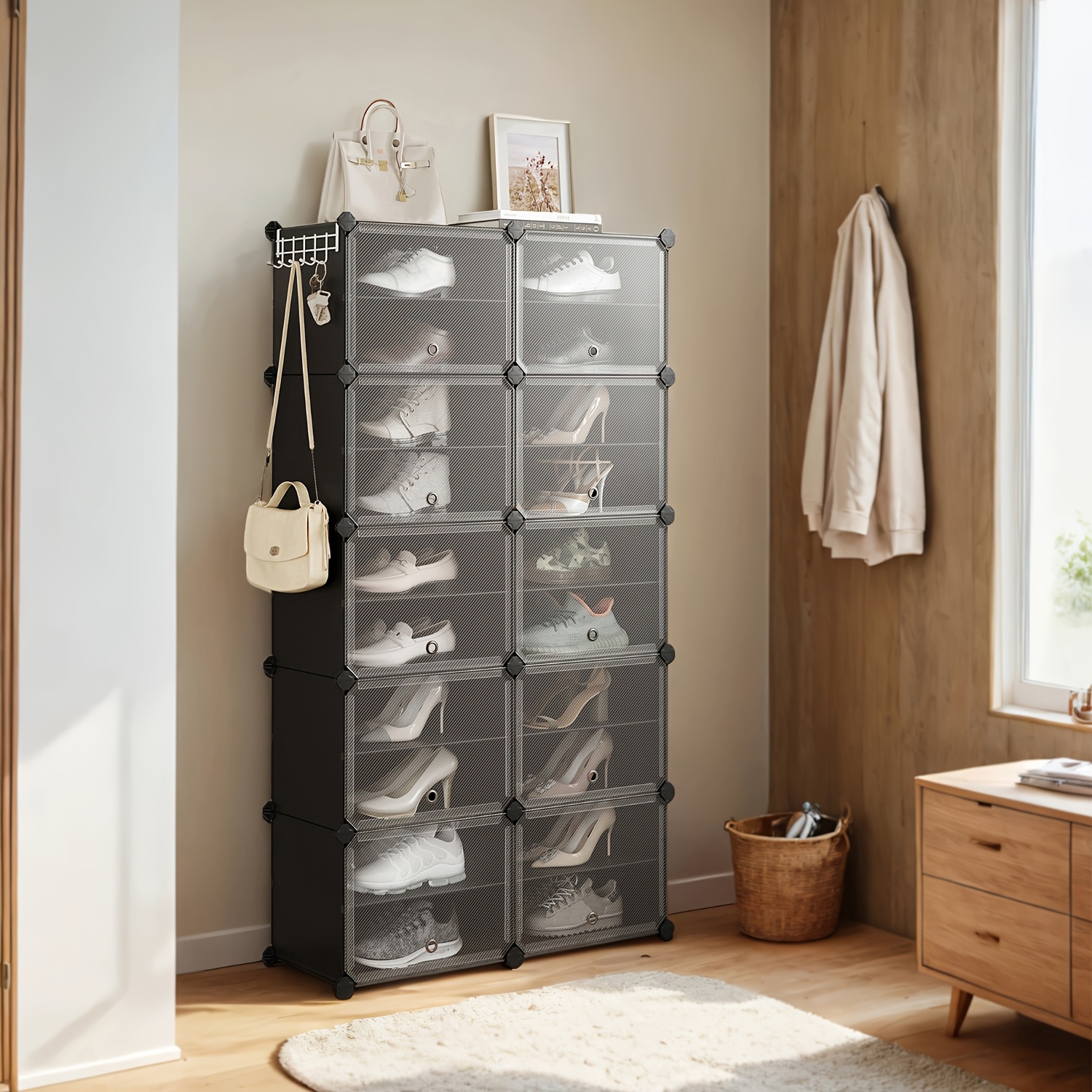 TEMU Modular Shoe Rack With 10 Compartments For 40 Pairs Of Entrance Shoes, With Doors, And Plastic Shelves, Bedroom, Black And Transparent