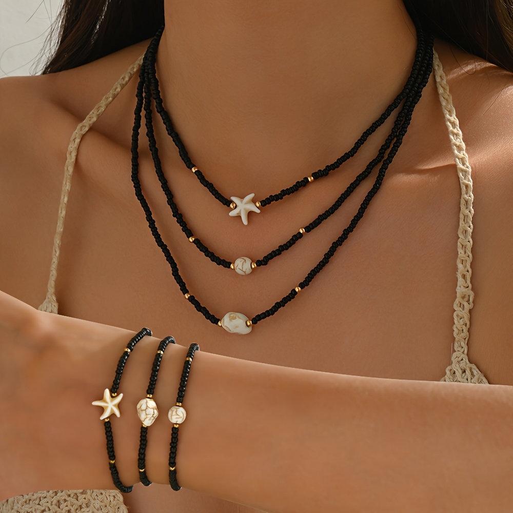 Image of 6pcs Nautical Style Black Starfish Stackable Bracelet Necklace, Bohemian Style Synthetic Round Bead Neck Chain And Bangle, Women's Jewelry Set, Glass Material, Suitable For Women' Wear Or Friend Gift