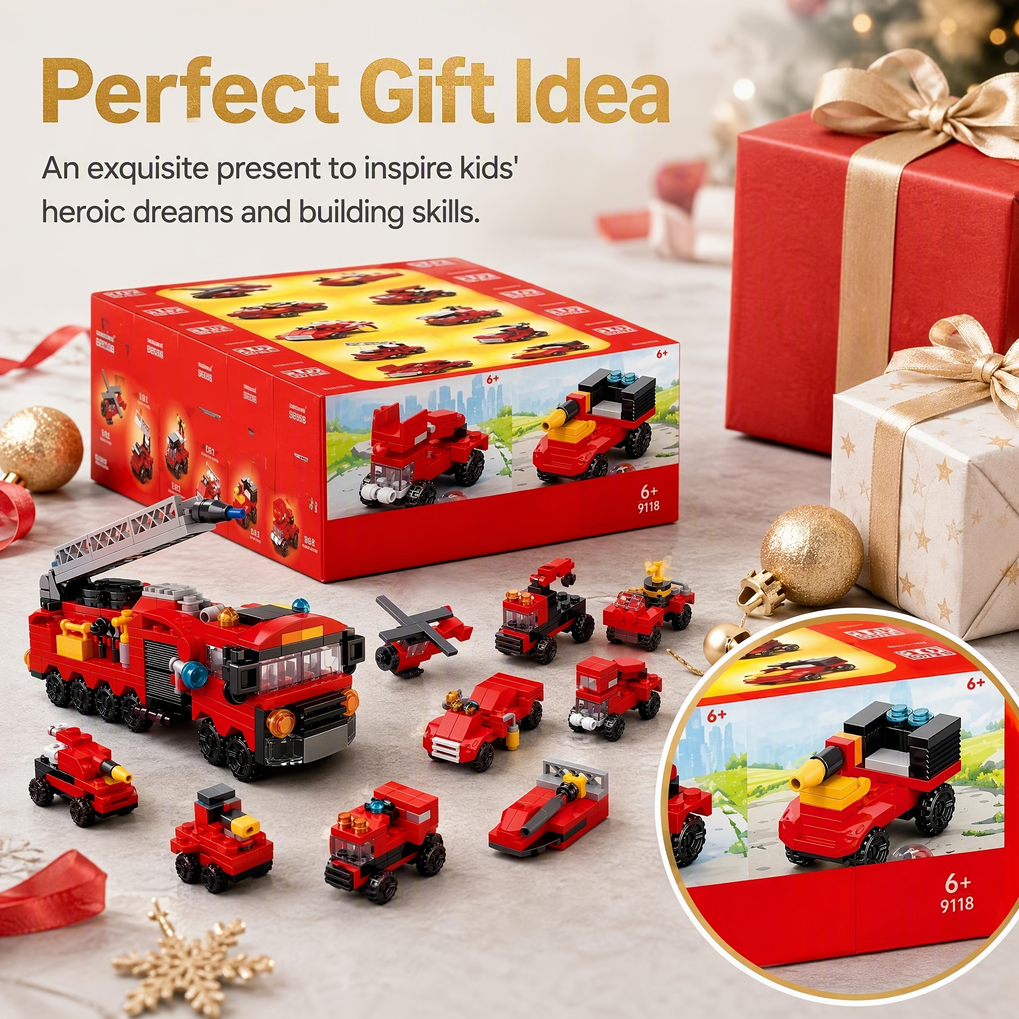 10pcs Red Fire Truck Building Blocks Set, Gift for Kids