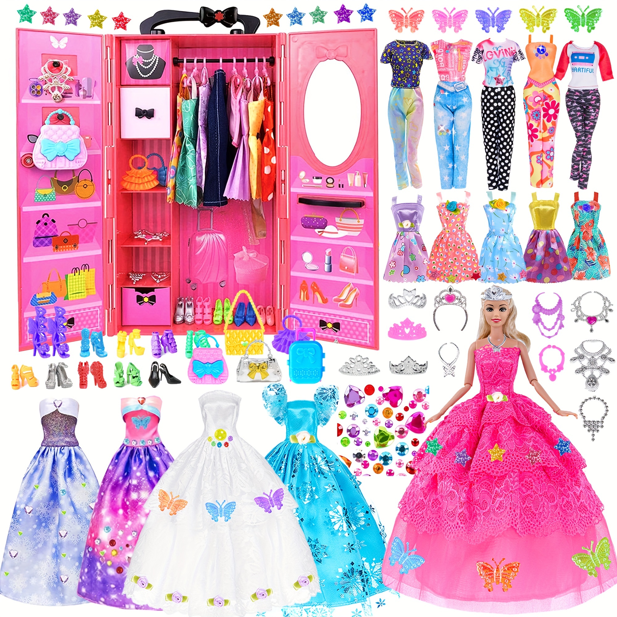 

139 Pack 11.5 Inch Doll And Closet Set Fashion Diy Wardrobe Doll Clothes And Accessories Including Doll, Wardrobe, Wedding Dress, Shoes, Necklace, Bags And More (one Doll)