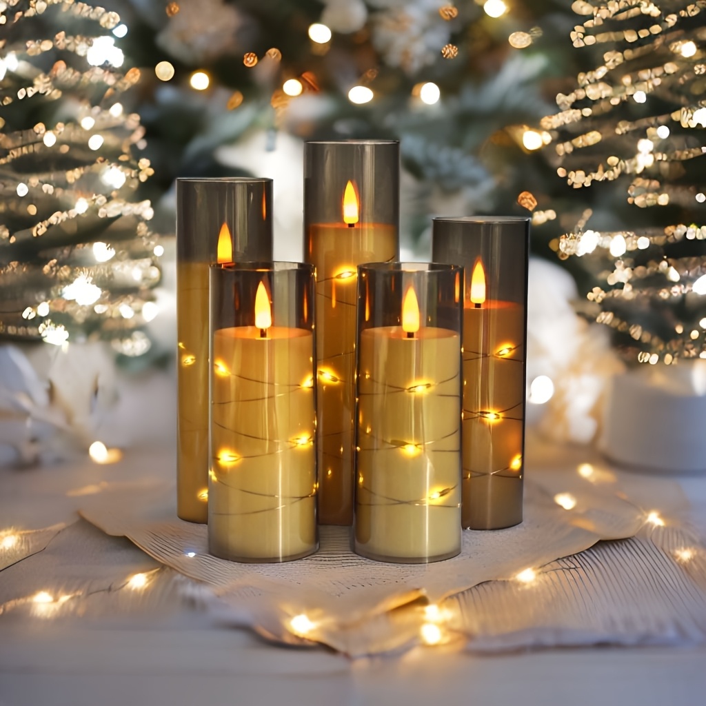 Flikkerende Vlamloze LED Kaarsen met Afstandsbediening en Timer, 5 Stuks Batterijgevoerde Kaarsen met Ingebouwde Fee Lichtsnoer voor Thuis Bruiloft Kerst- en Feestdecoratie Romantische Sfeer, Stevige Acryl Schaal, Grijs