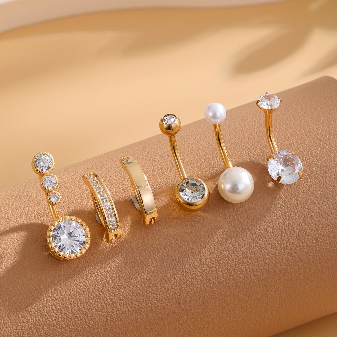 Image of 6pcs Stainless Steel Half Moon Barbell Belly Button Ring Set For Women, Short Navel Piercing Jewelry Daily Wear