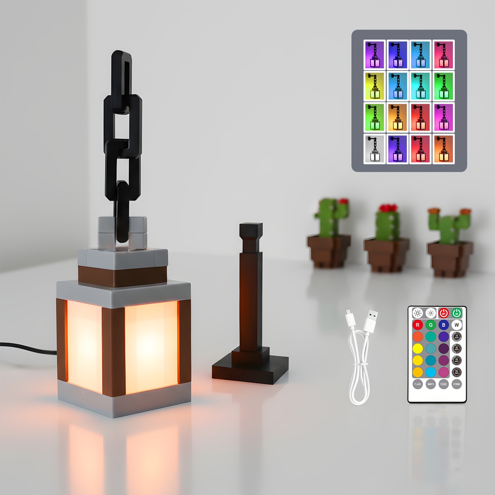 16-color Usb Pixel Lantern: Rechargeable Night Light With Remote For Bedroom - Remote Requires Aaa Batteries (not Included)