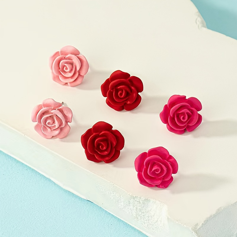 

3 Pairs Set Fresh And Simple Style Acrylic Rose Flower Stud Earrings In Red And Pink, Cute & Minimalist Design, Perfect For Daily Wear