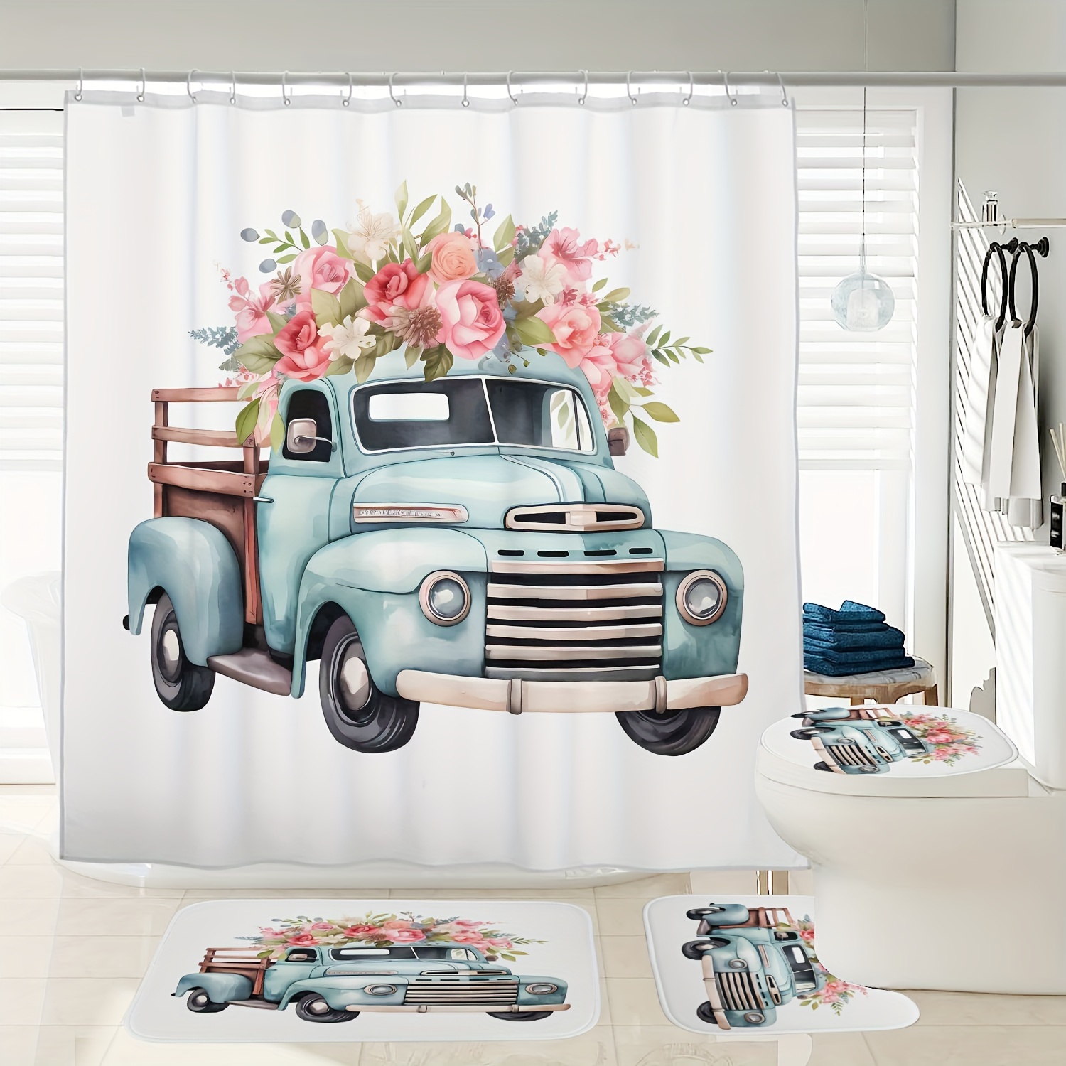 

1/3/4pcs Floral Car Pattern Shower Curtain Set, Waterproof Shower Curtain With 12 Hooks, Non-slip Bath Mat, U-shaped Toilet Mat, Toilet Mat, Bathroom Accessories