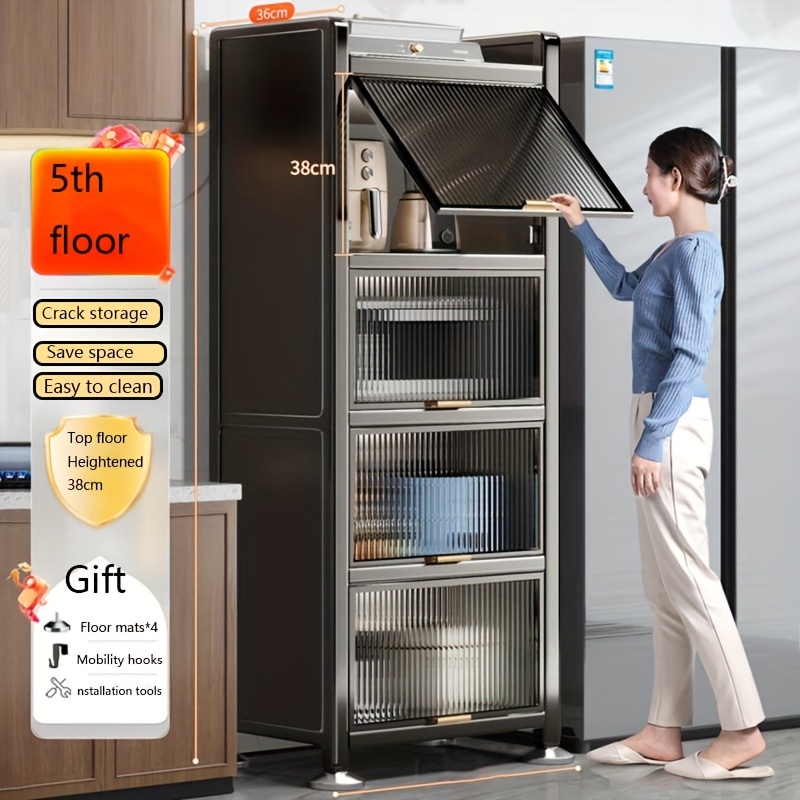 TEMU 5-tier Narrow Carbon Steel Kitchen Storage Cabinet - Multi-functional Microwave Stand Shelf & Pantry Organizer With 360Â° Sealed Dust-proof -