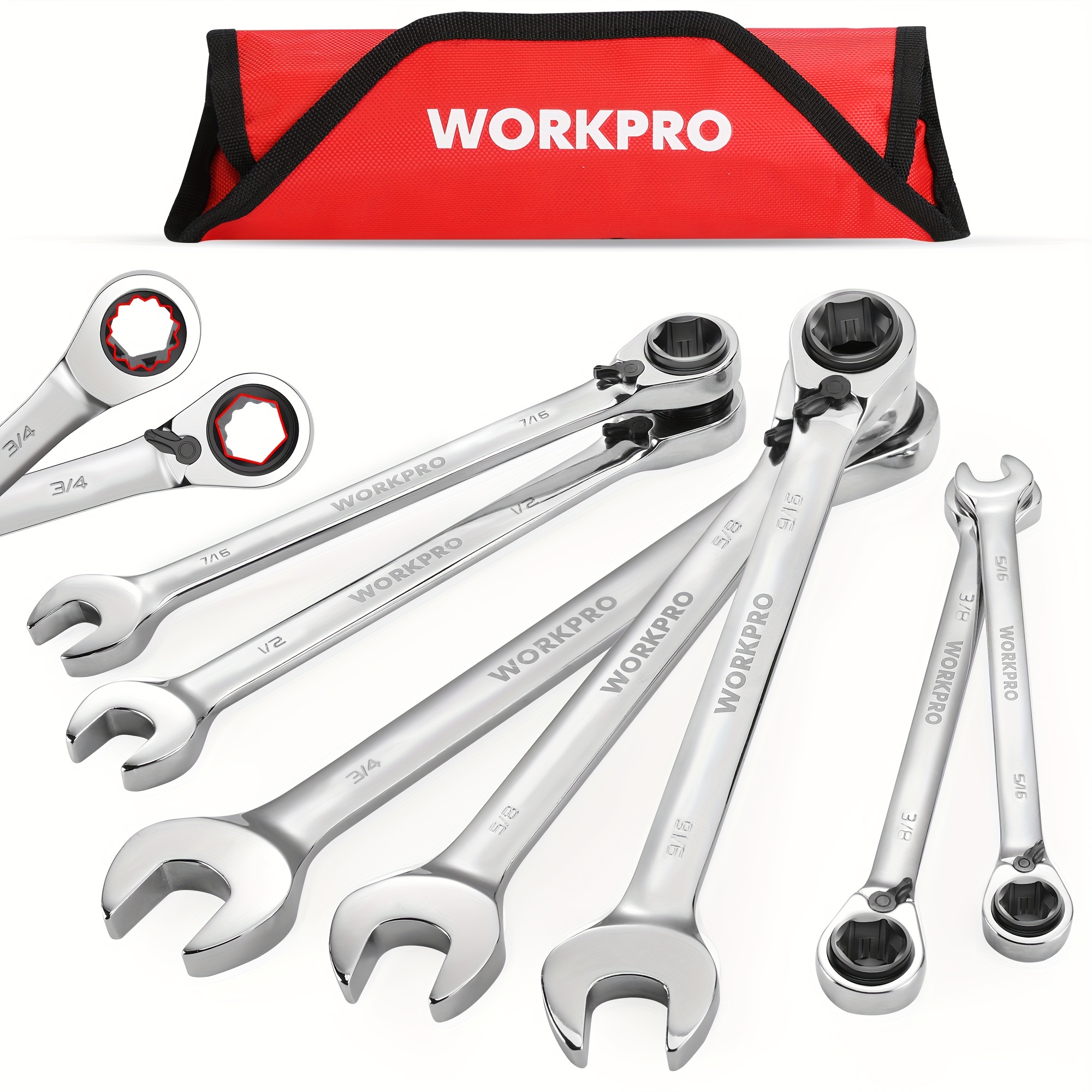 

Workpro 7-piece 3-in-1 Reversible Ratchet Wrench Set, Sae 5/16" To 3/4", 6pt& 12pt& Open-end Wrenches, 72-teeth Ratcheting Combination Wrench With Rolling Pouch