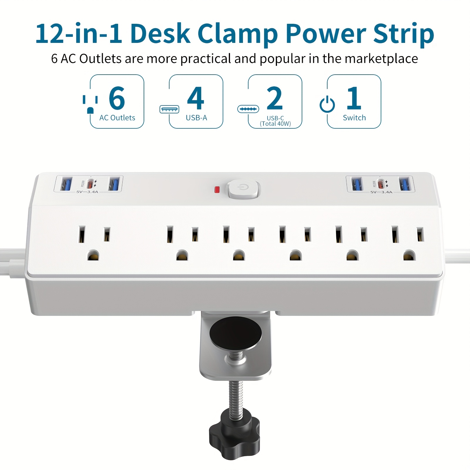 TEMU 6-hole 1-switch Clamp-type Power Strip (1625w) - High Power, 4 Usb- Usb-c Fast Charging (20w) - /10ft Ultra-long Extension Cord, And Removal.