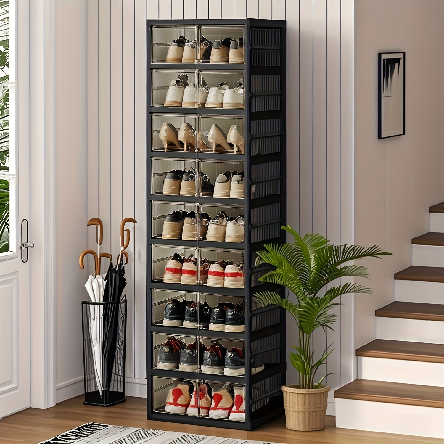 TEMU 1pc 6/9 Layers Black Plastic Foldable Home Shoe Storage Cabinet With Wheels And , Big Capacity Collapsible Shoe Rack Organizer, For Entrance,