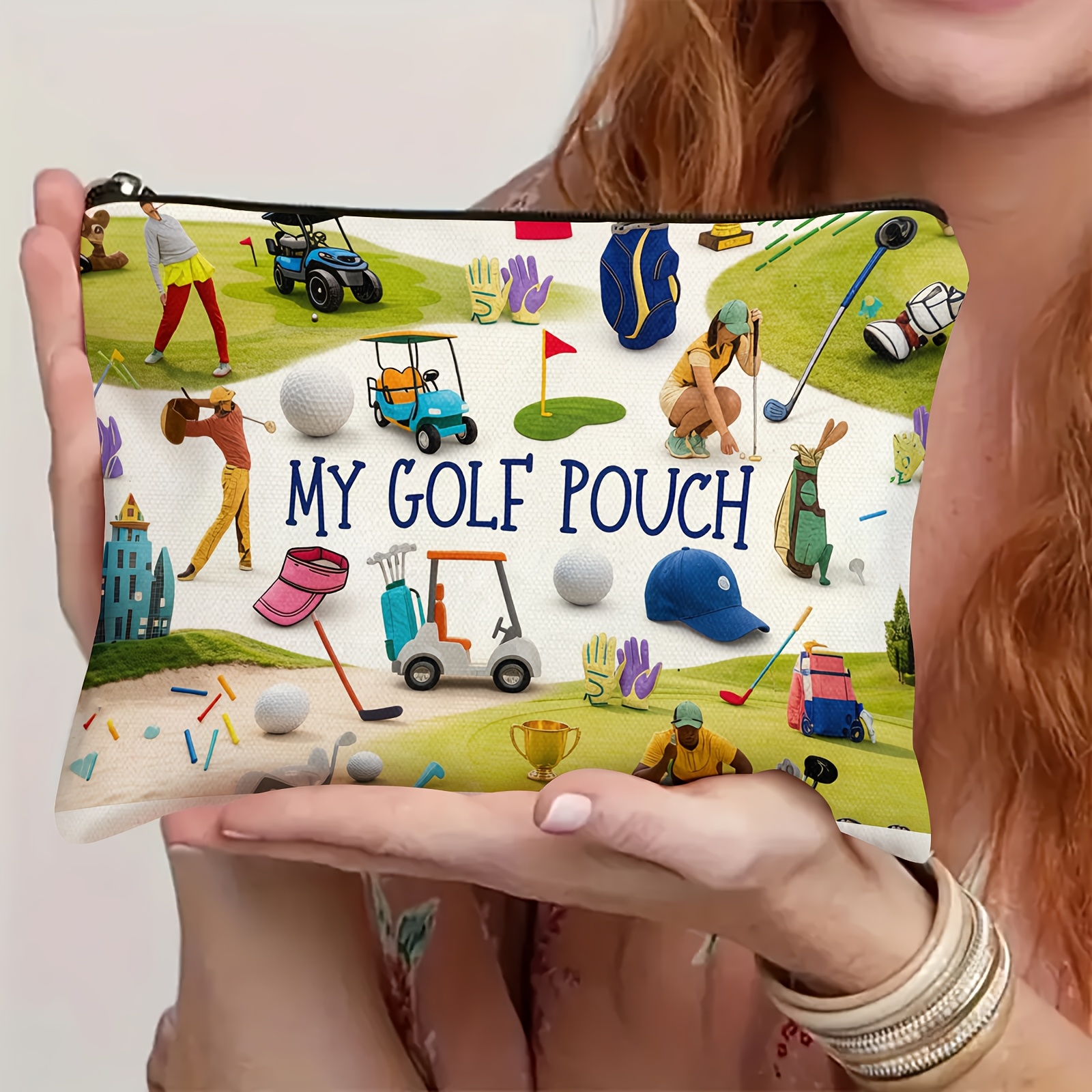 TEMU This Golf-print Cosmetic Bag, Designed To Hold Golf Balls And Accessories, Is A Small Polyester Cosmetic And Toiletries Organizer, A Portable