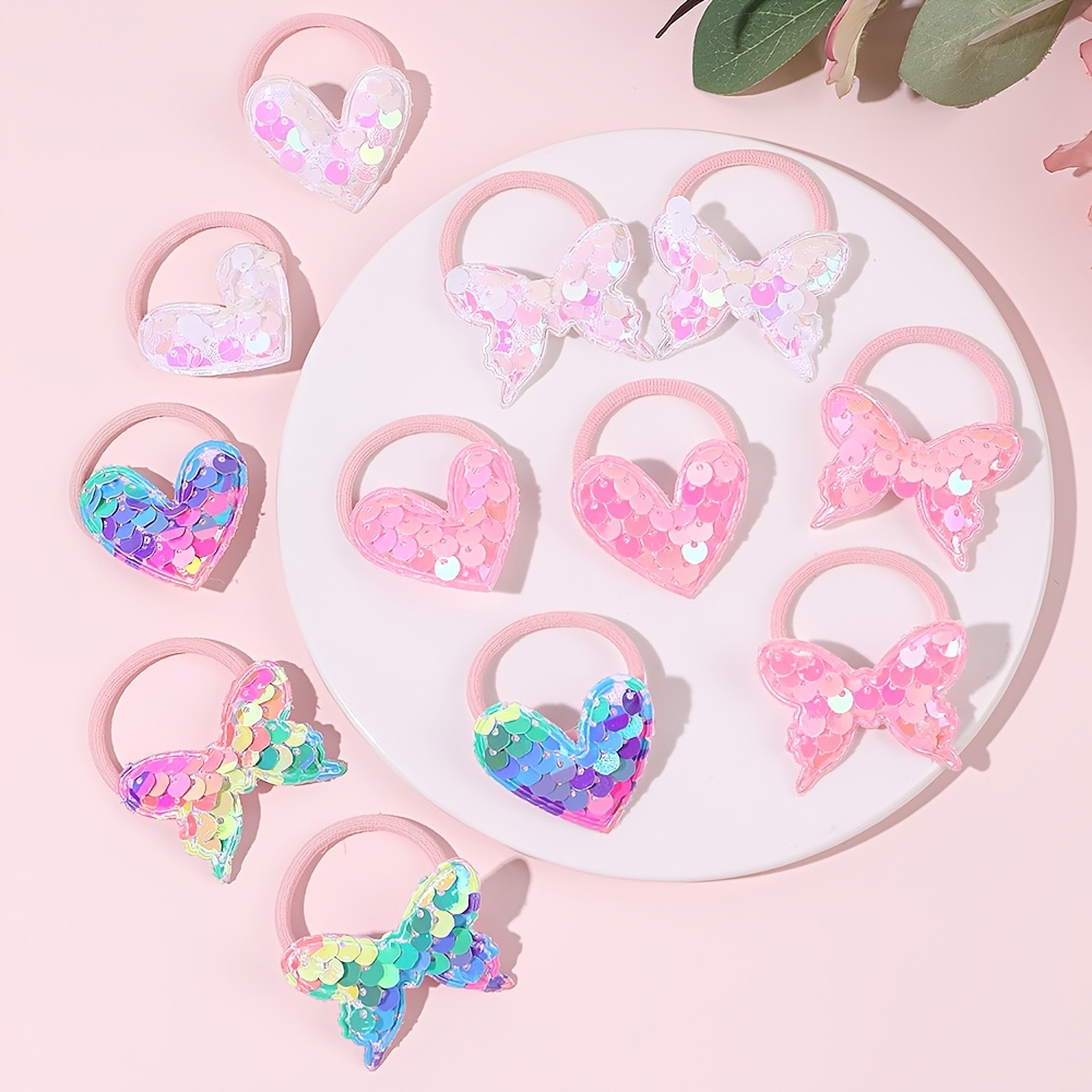 TEMU 12pcs Sweet Sequin Heart And Hair Ties, Multicolor Sequin Decorated Hair Elastics For Daily Wear, Casual And Photo Shoots