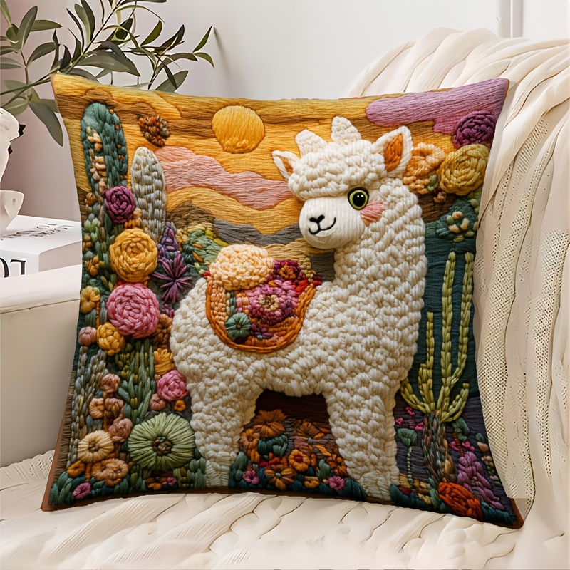 

1pc Vibrant Alpaca Decorative Pillow Cover, 18"x18", Short Plush, Zipper Closure - Ideal For Sofa, Living Room, Bedroom, Office Home Decor - Machine Washable, Polyester, Throw Pillows For Couch