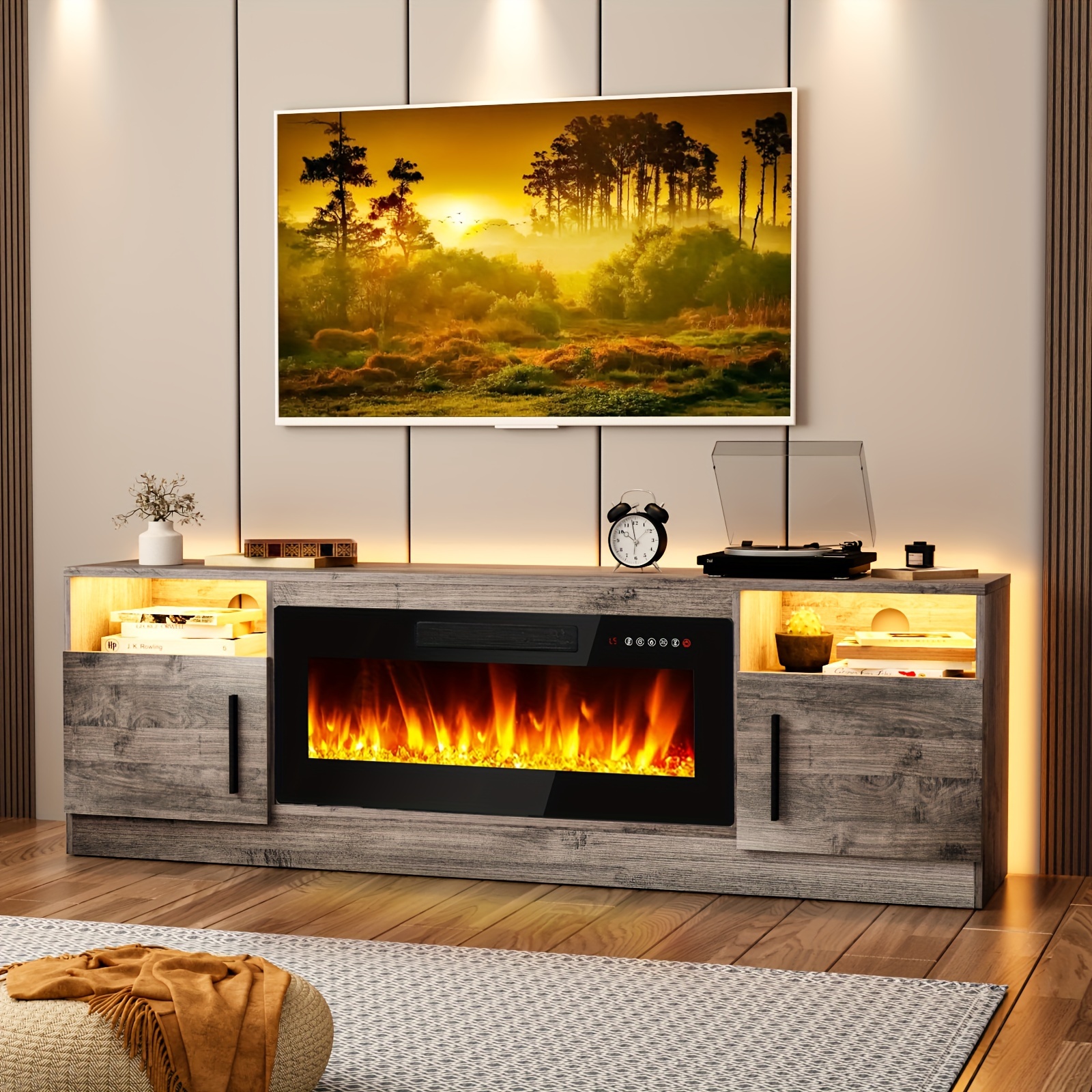 

1pc Modern 70" Wooden Fireplace Tv Stand With 36" Led Fireplace, Console For 80" Tvs, Storage Cabinet, 16 Color Led Lights, Power Supply Operated, Us Plug, 110-130v