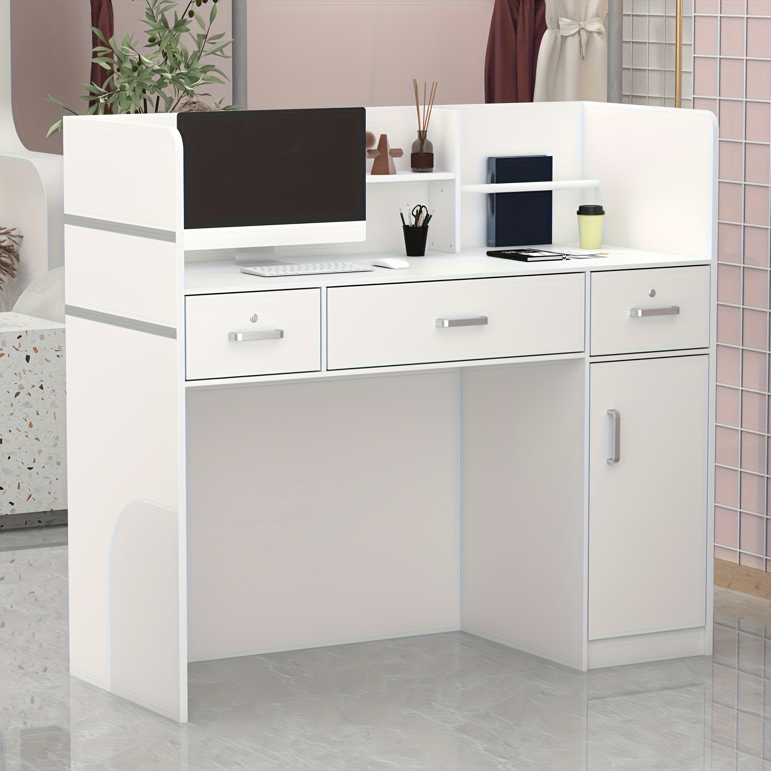 Modern Computer Desk with Drawers And Open Shelves, Functional Workstation for Home Office, Wood Home Office Desk Station with File Drawer And Storage Cabinet, Stylish Design