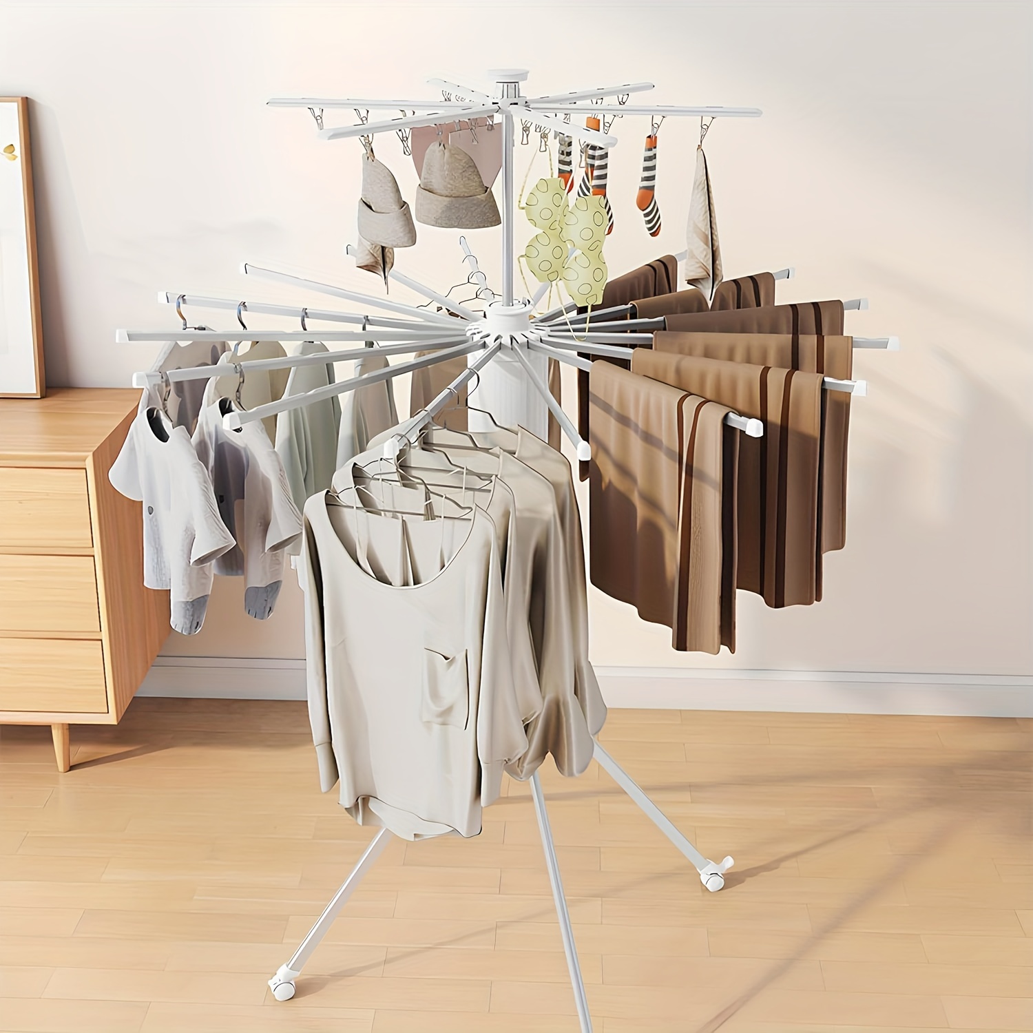TEMU Cylindrical Drying Rack, Octopus Clothes Quadrupod, Foldable Drying Rack With Universal Wheels, 360Â° Turning Angle, Expandable 16 Drying Rods,