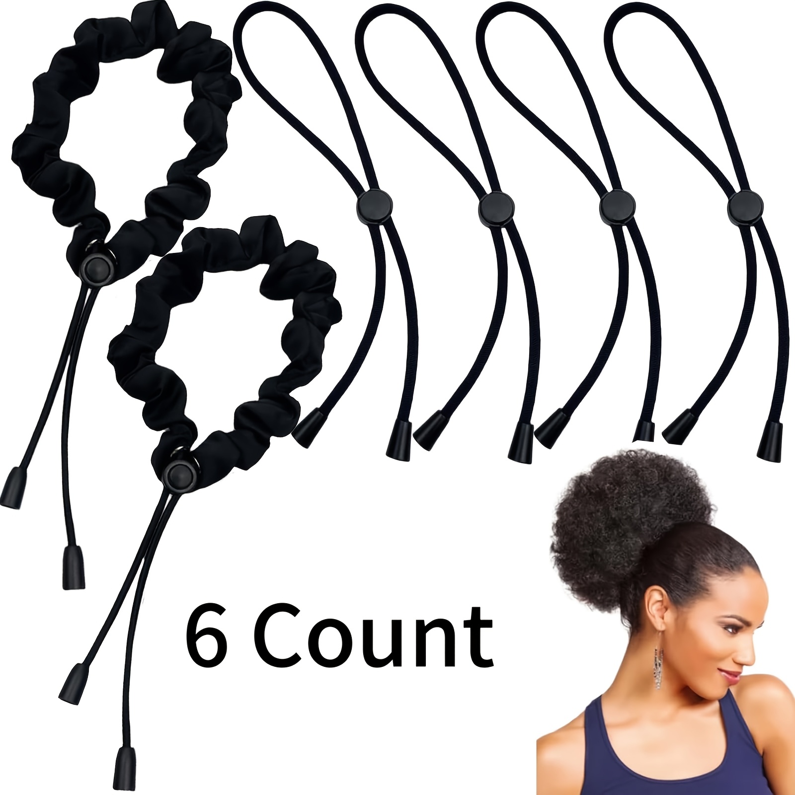 TEMU 6pcs Black Large Adjustable Length Satin Hair Ties For Afro Puff, Heavy And Curly Hair, Soft Ponytail Holders - Medium To Thick Hair