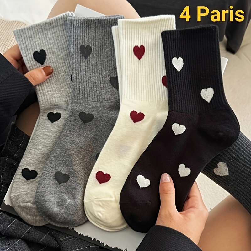 

4 Pairs Of Autumn And Winter Heart-patterned Stylish Warm Mid-calf Socks For Men And Women