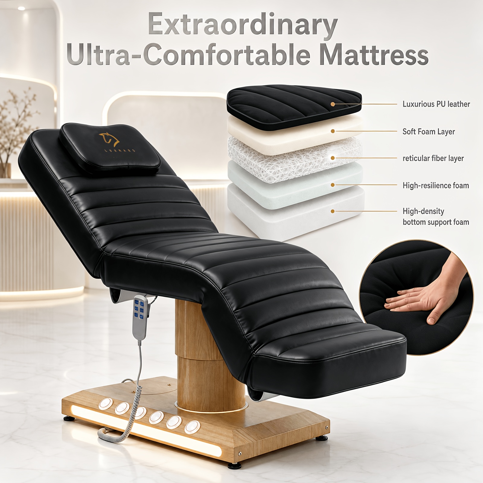 full electrical massage table, 3 motors facial chair with remote and   controller, tattoo chair for esthetician with pillow, beauty bed with removable headrest for spa, salon, waxing Product details 1