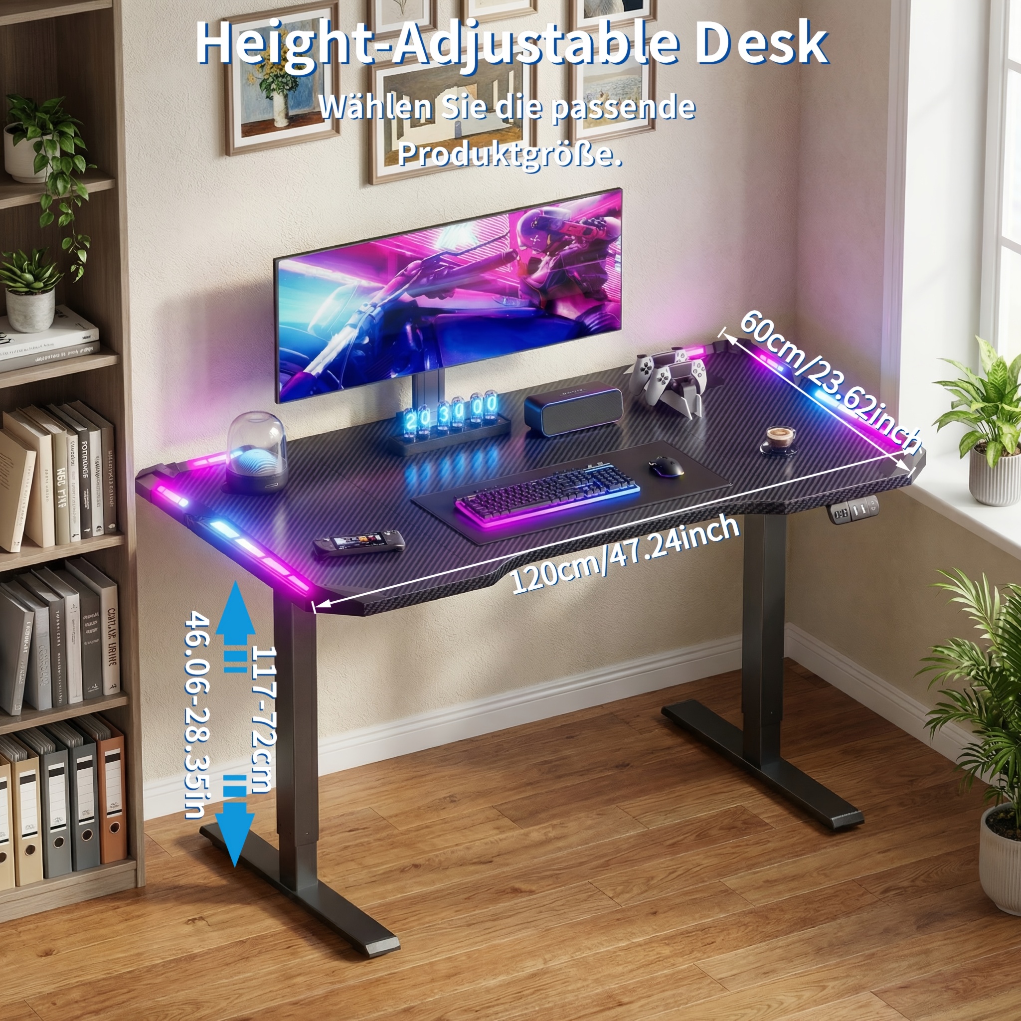 Image of Height-adjustable Gaming Desk With Led Lights, 47/55/63in Electric Standing Desk, Carbon Fiber Surface, Memory Function