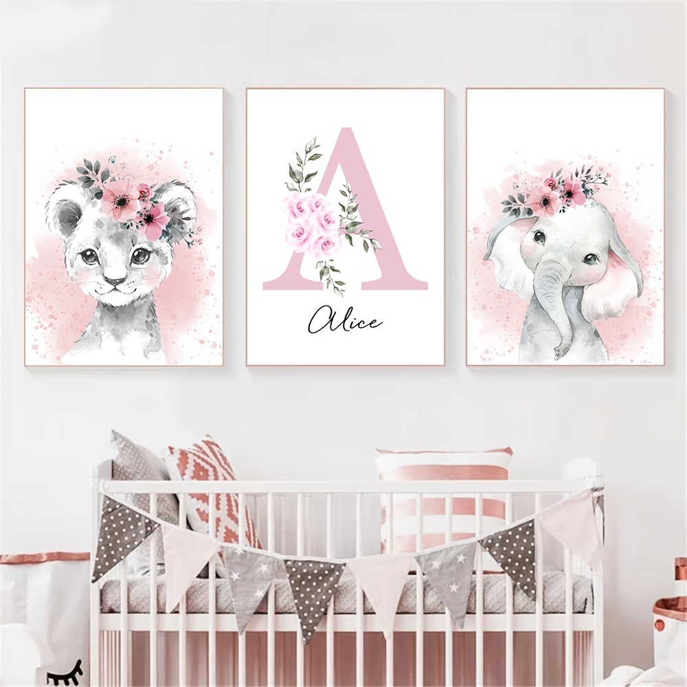 TEMU 2d Flat, 2d Flat, A Set Of 3 Pink Custom Posters Featuring Personalized Lion And Prints, With Leaf And Floral Animal Wall Art In A Modern