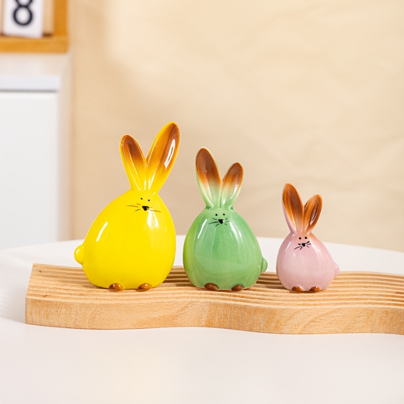 Image of Elegant Ceramic Rabbit Figurine Set Of 3 With Rare , Long Eared Bunnies For Home Office Desk Decor, Shelf Ornament - House Decor Gift Idea