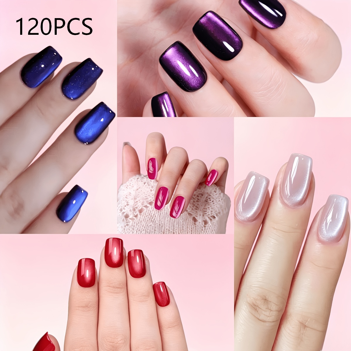 TEMU 5-style Set 120pcs Multicolor Exquisite Handmade Cat Eye Nail Tips | Medium Square Blue Light/grape Purple/cherry Red Nude All-match Nails