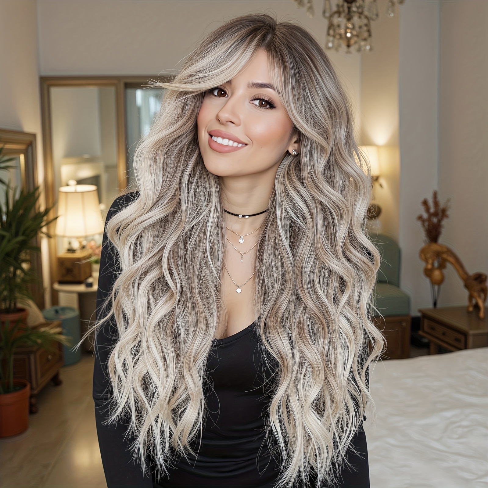 Image of A Long Curly Wig With Layered Gray Gradient Bangs, Made From High-temperature Fiber And Featuring A Rose Hair Net, Suitable For Everyday Use And Festive Occasions For Women