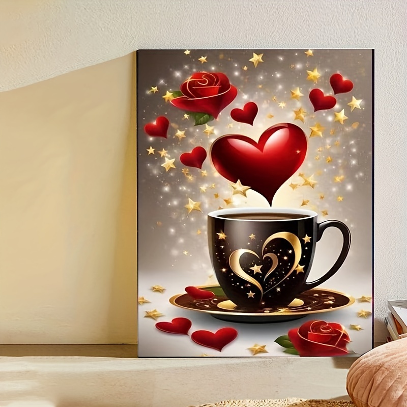 

5d Diamond Painting Kit With Red Heart And Coffee Design, Acrylic Diy Handcraft Art, Taichi Pattern, Home Decor Craft - Tool Kit Included