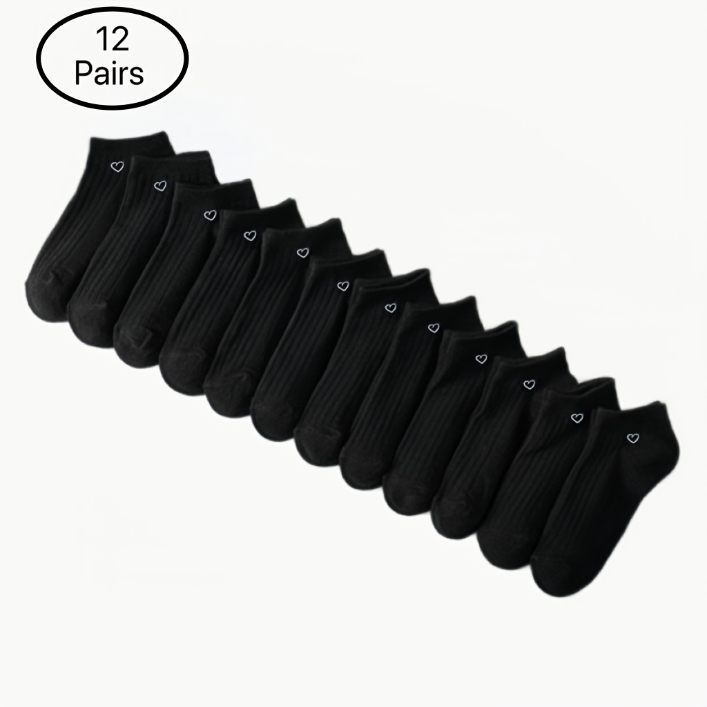 Image of 12 Pairs Of Random Style Solid Color Spring/summer Drawstring Small Hook Heart-shaped Simple And Comfortable Daily Versatile Men's And Women's Sports Socks