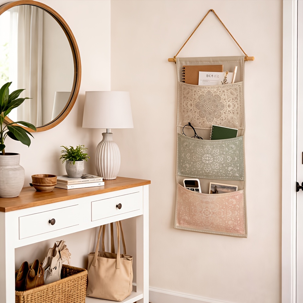 TEMU 1pc Retro Boho Style Practical Storage Item, A Fabric Hanging Organizer For , Wardrobes, And Offices. Vertical Hanging Design, With Large Retro