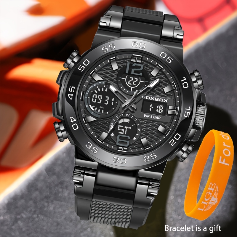 FOXBOX Stylish Men's Digital Watch Set, Waterproof Design