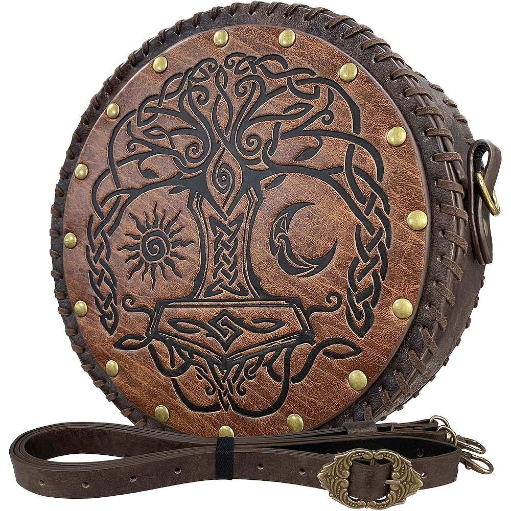 Image of Viking-style Embossed Crossbody Purse, Nordic Faux Leather Belt Satchel, Medieval Portable Cosplay Shoulder Pouch