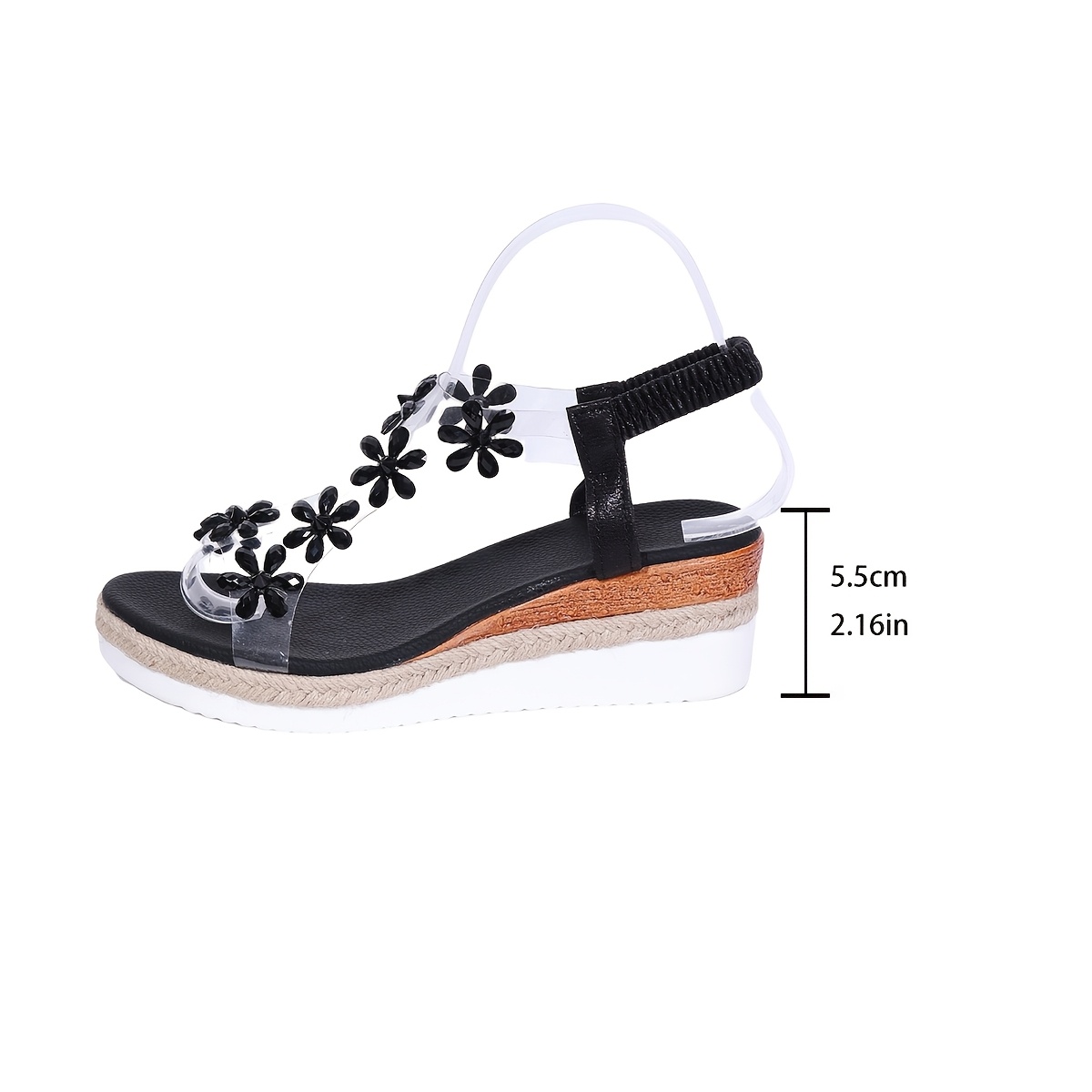 Women'S Elegant Black Floral Sandals with Clear Strap - Comfortable Wedge Heel, Open Toe Design, All-Season Footwear, Stylish Summer Sandals|Floral Embellished Sandals|Polyurethane Upper, Wedge Sandals