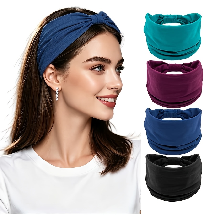 TEMU 4pcs Bandeaux de cheveux pour femmes, élastiques larges, sport, yoga, fitness, foulards épais style bohème, chouchous antidérapants, accessoires