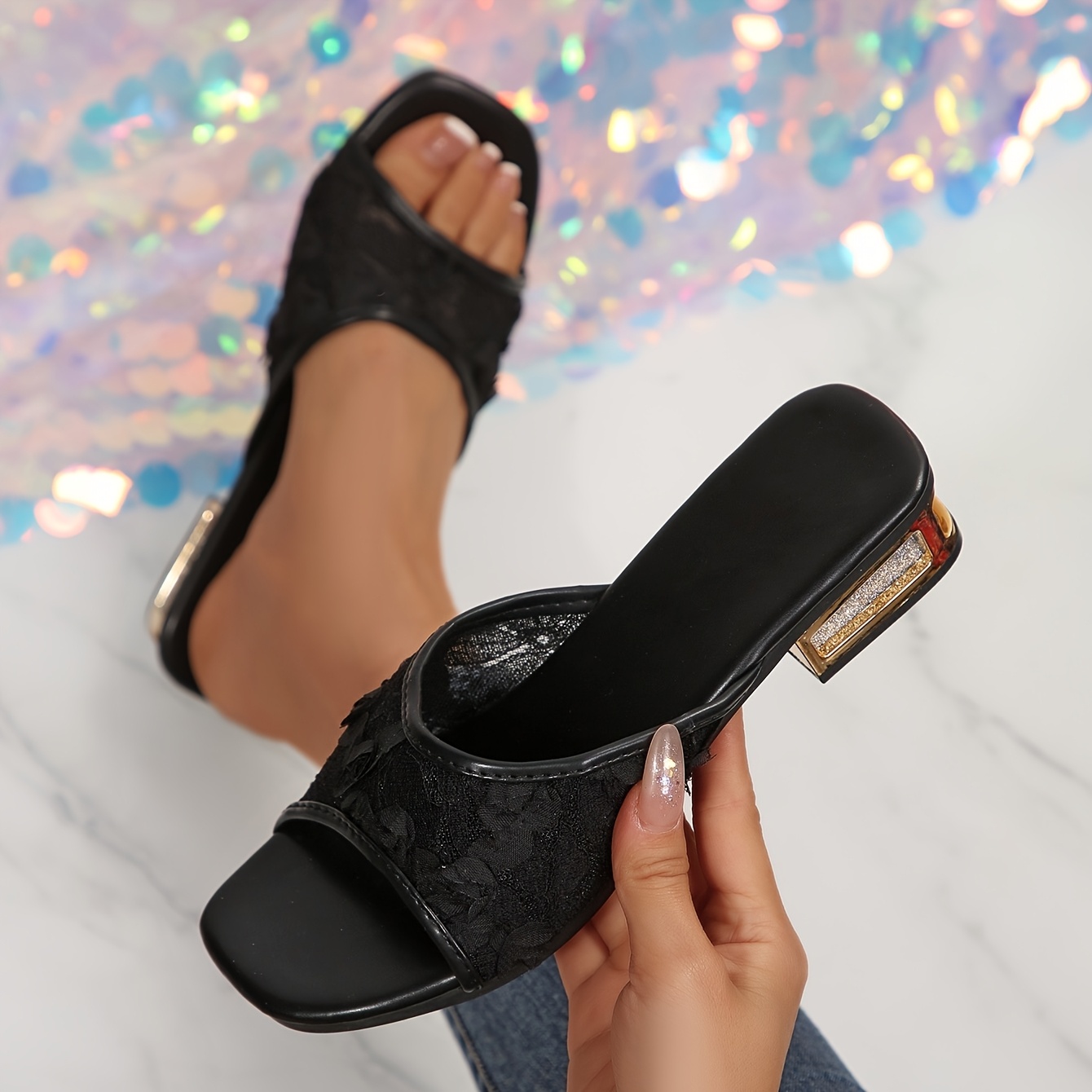 TEMU Black And White Lace 3d Floral Rhinestone Block-heeled Sandals, A Gentle And Elegant Style Suitable For Commuting And Dating, Versatile And