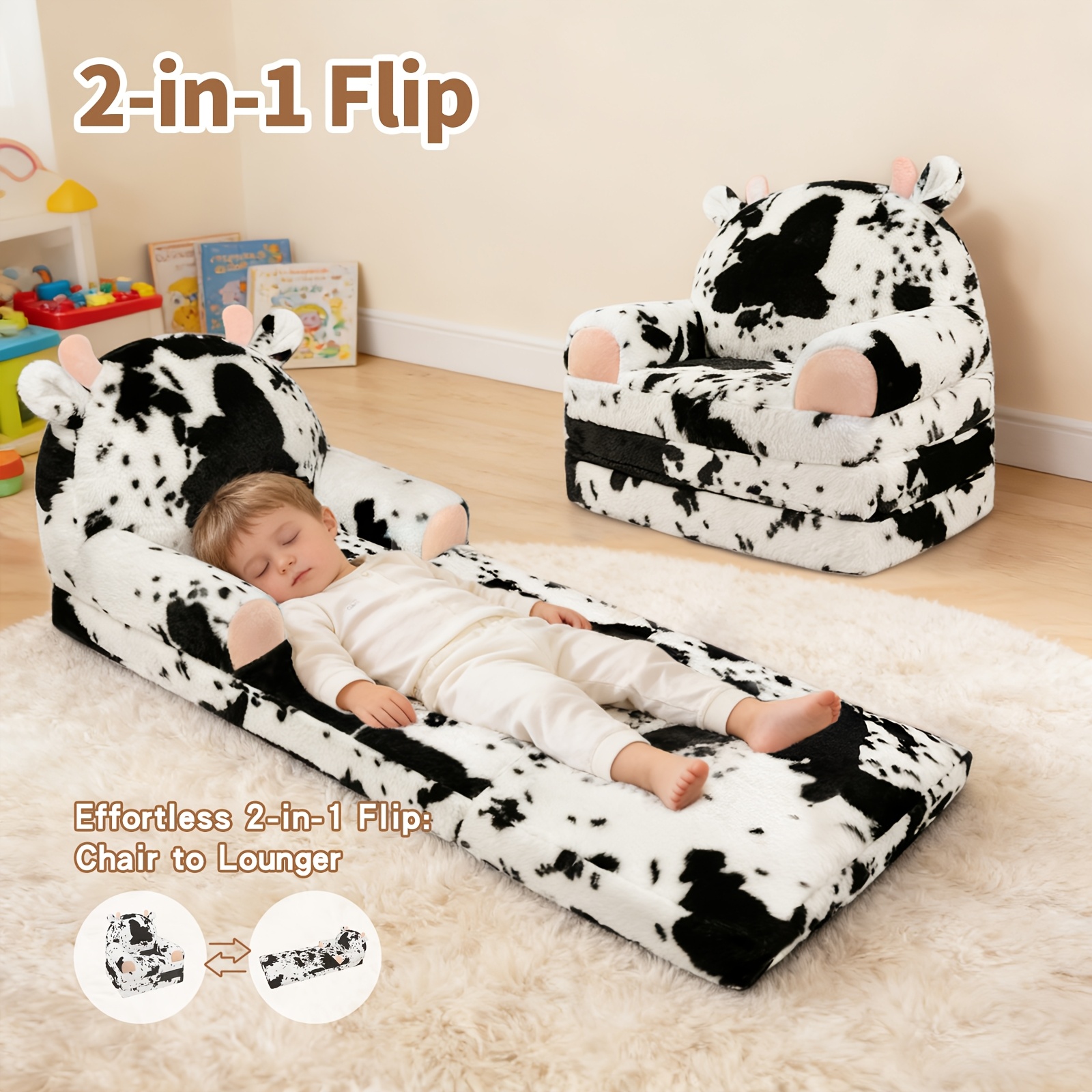 Kids Chair Plush with Removable Cover, Kids Sofa to Lounger, Kids Couch for Kids Over 18 Months, Toddler Recliners for Kids (Cow)