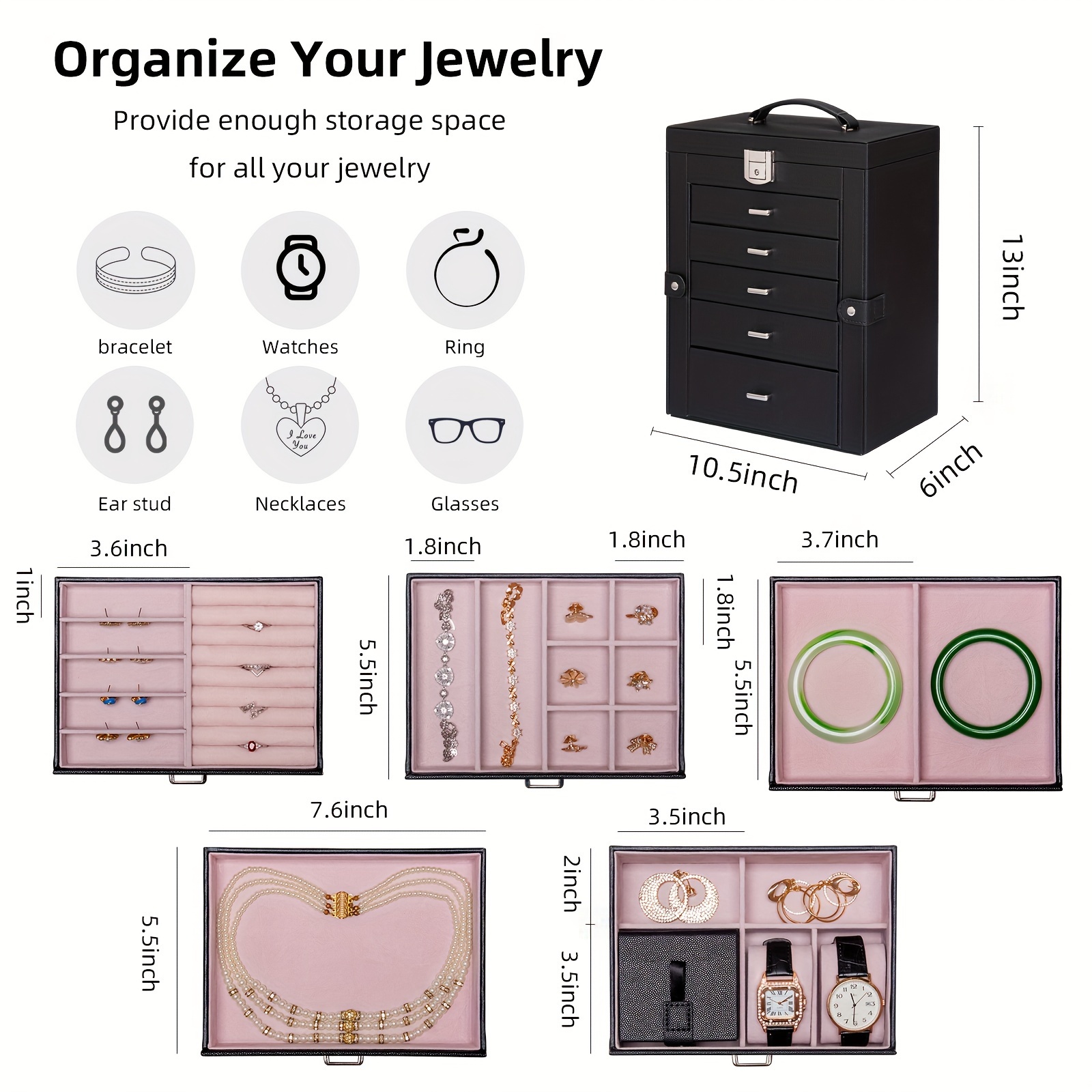   6 tier jewelry box jewelry case with 5 drawers large storage capacity with   lockable jewelry storage organizer gift for     Product details 1