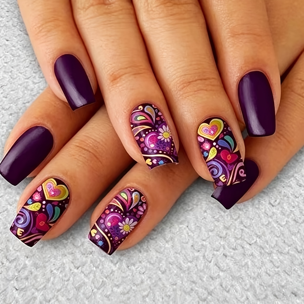 TEMU 24pcs Dark Purple Press-on Nails Suitable For - Multicolor Hearts & Doodle Art, Glossy Square Medium Length Tips With Detachable Base, Machine-