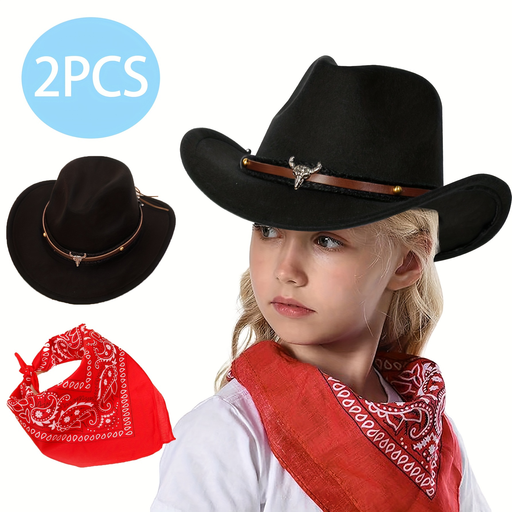 2pcs set youngsterss cowboy hats hard brim bandanas western  display picture 3