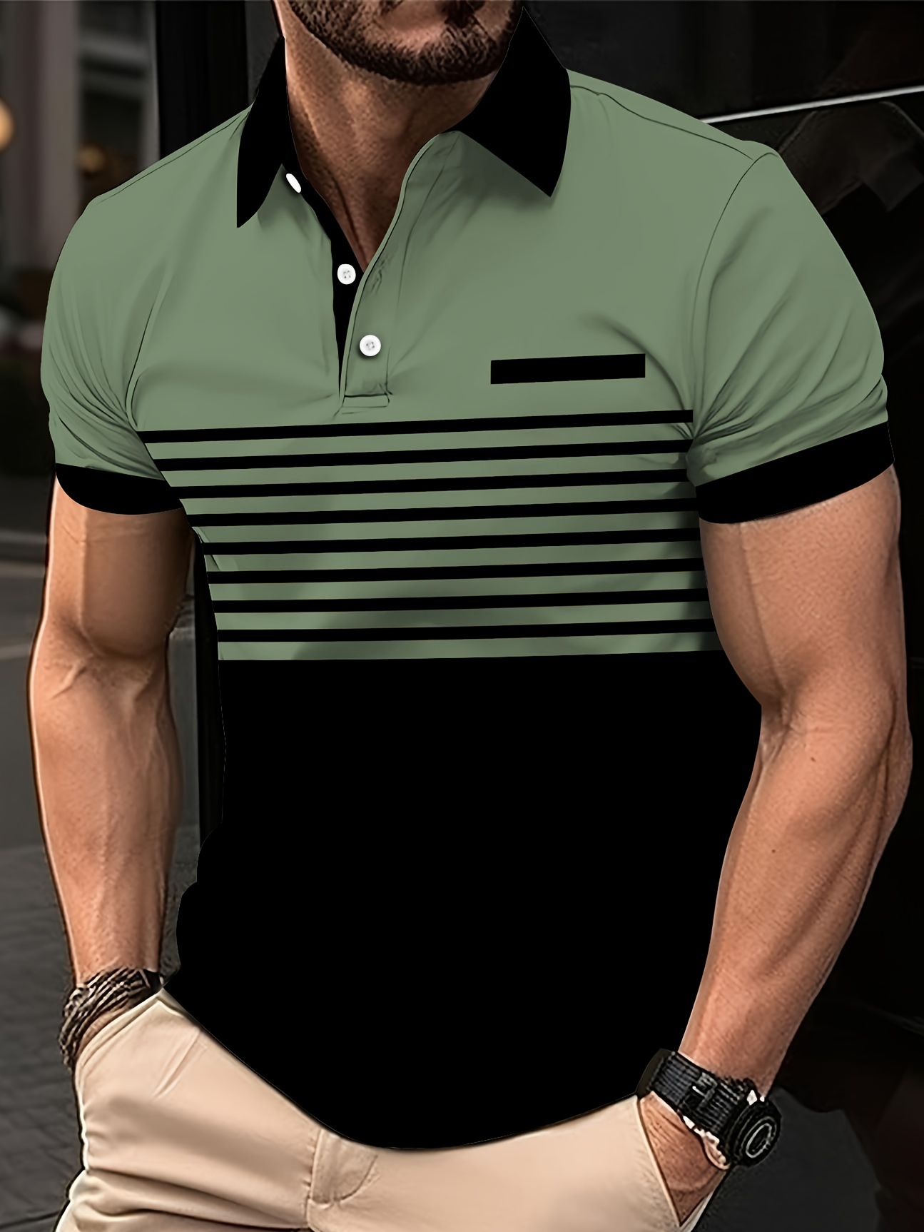 Erkekler için Büyük Beden Renk Bloğu Çizgili Desenli Golf Gömleği, Günlük Tatil İş Stili