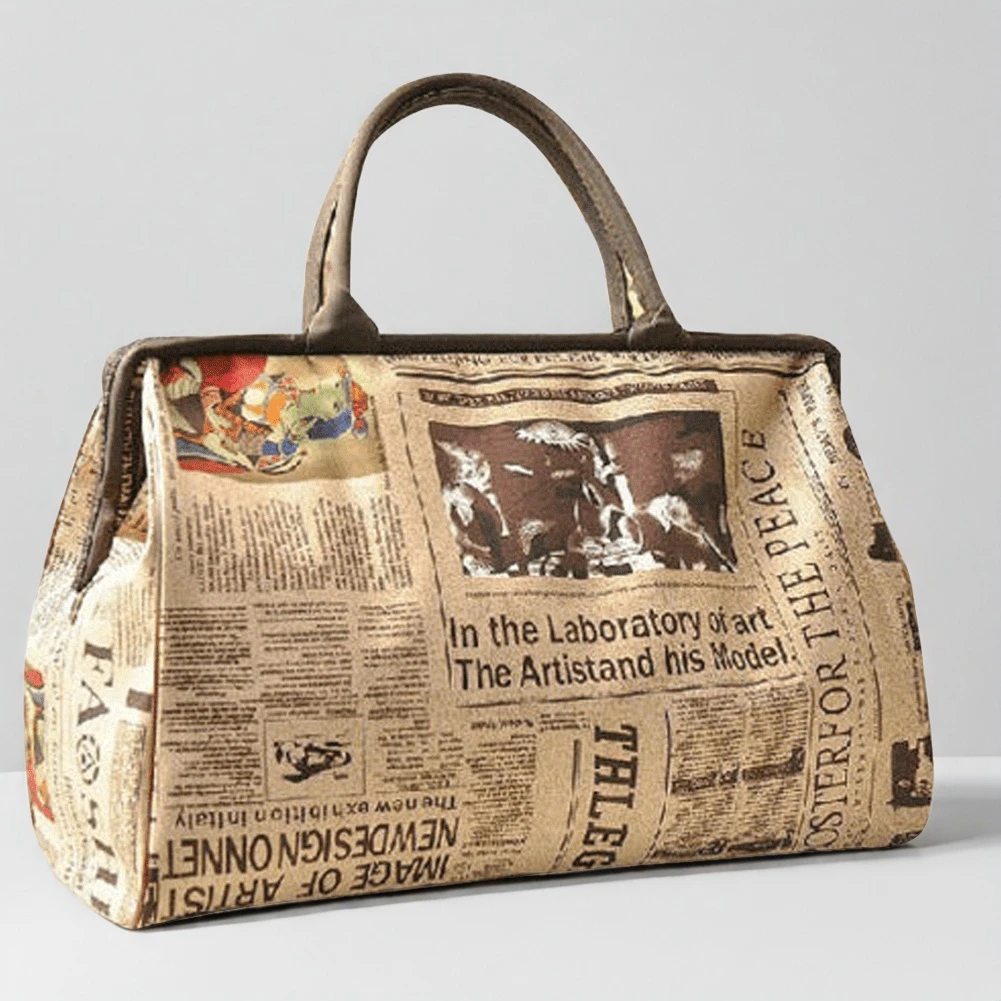 stylish travel bag with unique newspaper print and removable clutch for women your perfect travel companion details 11