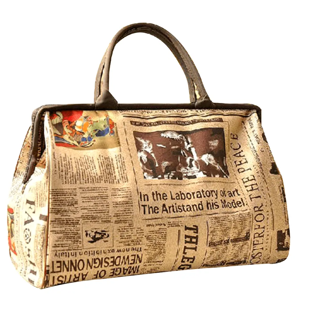 stylish travel bag with unique newspaper print and removable clutch for women your perfect travel companion details 8