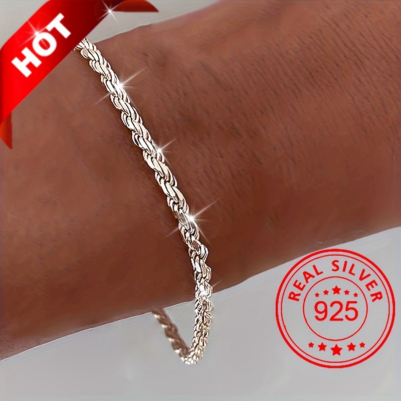 

925 Sterling Silver Twisted Classic Bracelet In Silvery Color, A Stylish Accessory For For Men And Women.