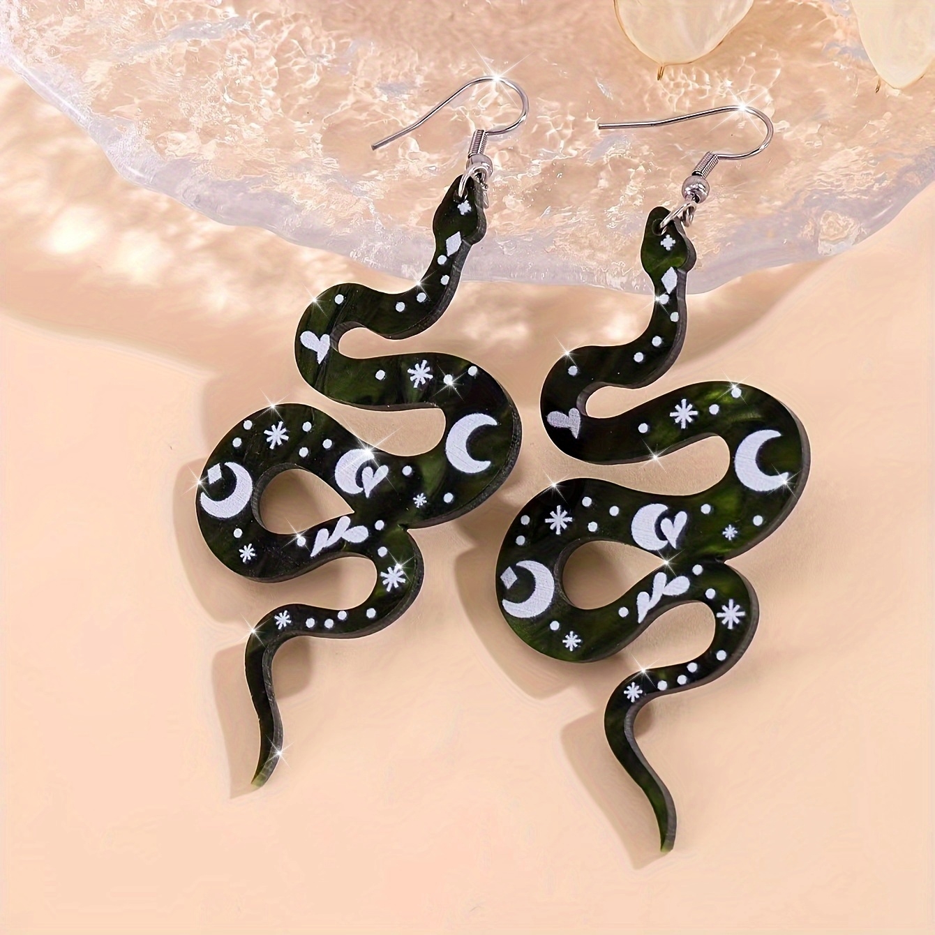 Punk Star & Moon Snake Dangle Earrings Edgy Gothic Jewelry