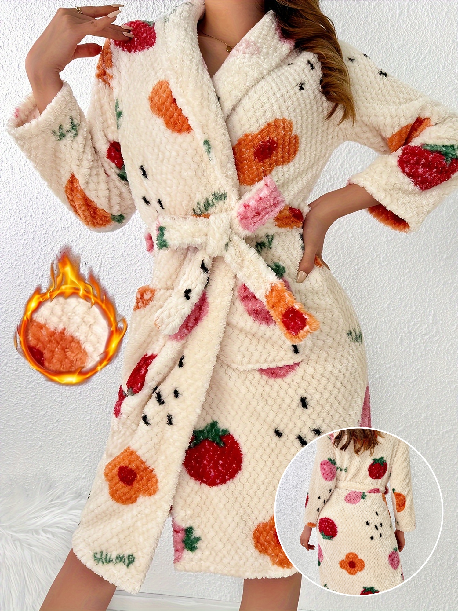 comfortable fruit printed fleece pajamas for women warm long sleeved pajamas with belt and pockets retro style nightwear