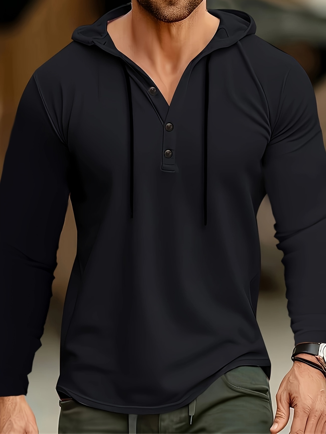 Büyük Beden Erkek Polyester Kapüşonlu Henley Gömlek - Uzun Kollu, Bağcıklı, Rahat ve Sporcu, Makinede Yıkanabilir