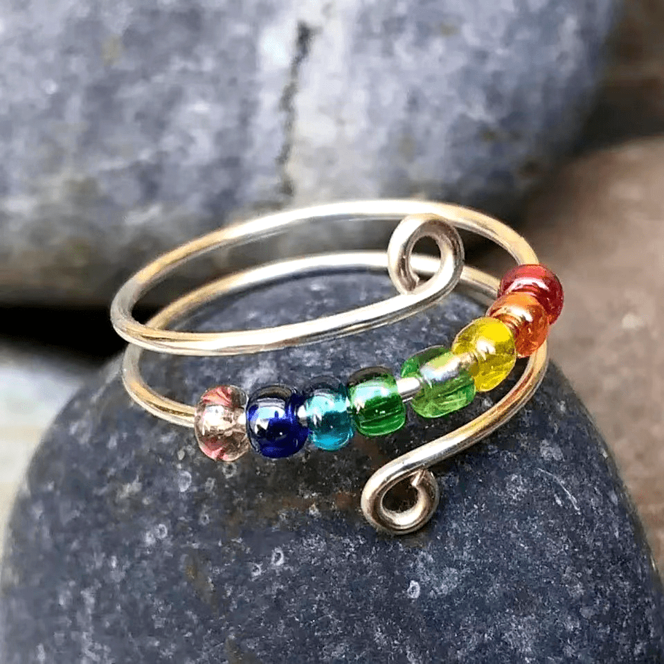 rotatable fidget spinner 316l stainless steel anti stress silvery color rings for women vintage colorful beads Product details 2