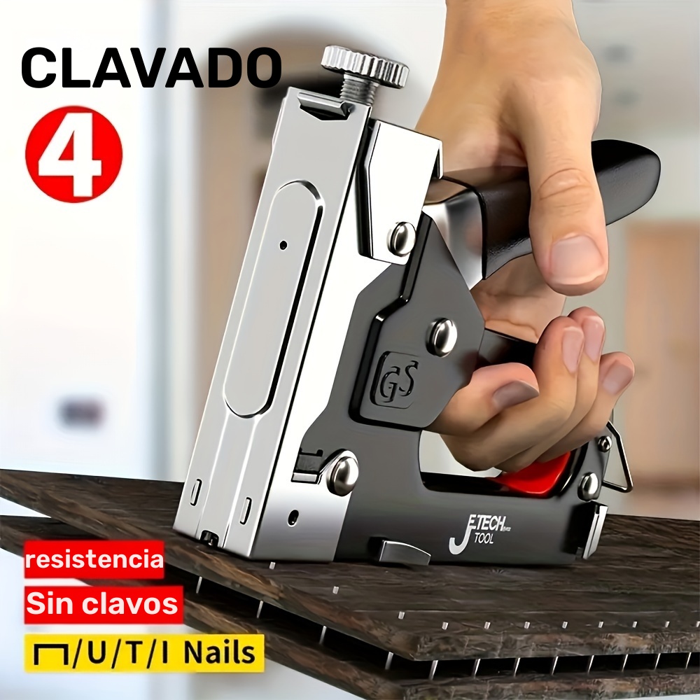 1 unidad Pistola de clavos manual de 4 en 1, para clavos T/U/I/Pin, fuerza ajustable, multipropósito, herramienta para DIY, decoración de hogar, furniture, woodworking, metal, peso 543g